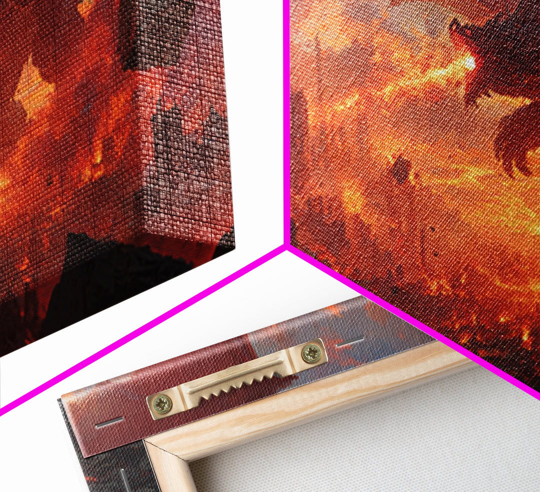 Fire Breathing Dragon Over Burning City Canvas Print, Dark Fantasy Wall Art, Epic Gothic Decor, Gaming Room Gift For Him