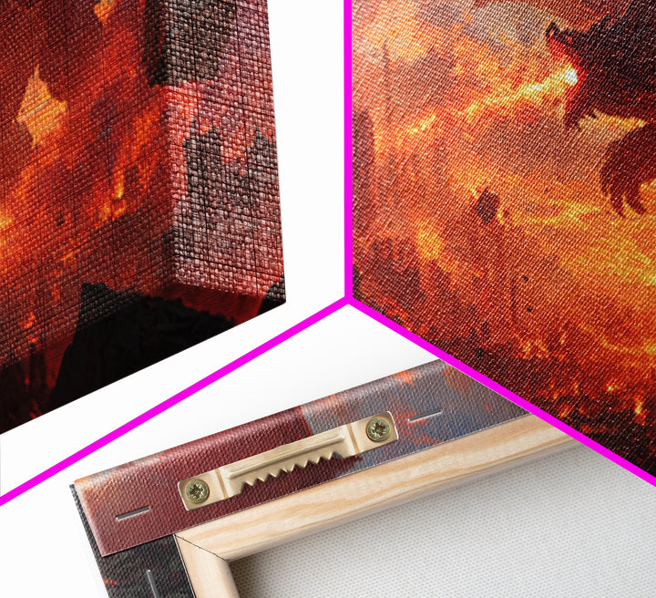 Fire Breathing Dragon Over Burning City Canvas Print, Dark Fantasy Wall Art, Epic Gothic Decor, Gaming Room Gift For Him