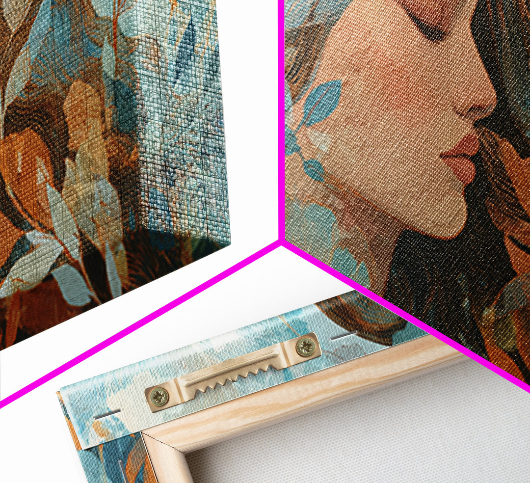 Serene Woman With Blue Botanicals Canvas Print, Abstract Floral Portrait, Modern Wall Art For Living Room Decor, Gift For Her