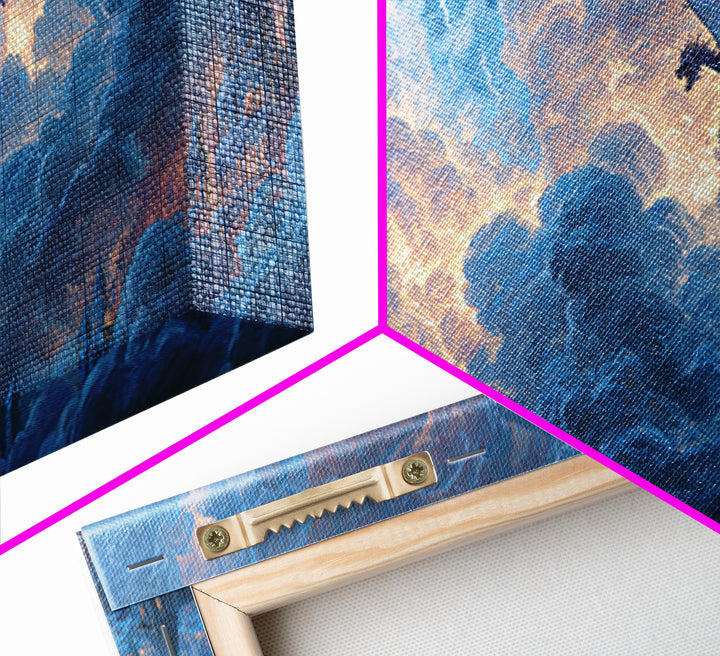 Storm Dragon Soaring Over Cloud Castles Framed Canvas Print, Fantasy Wall Art, Dramatic Sky Art, Medieval Home Decor, Gift For Him