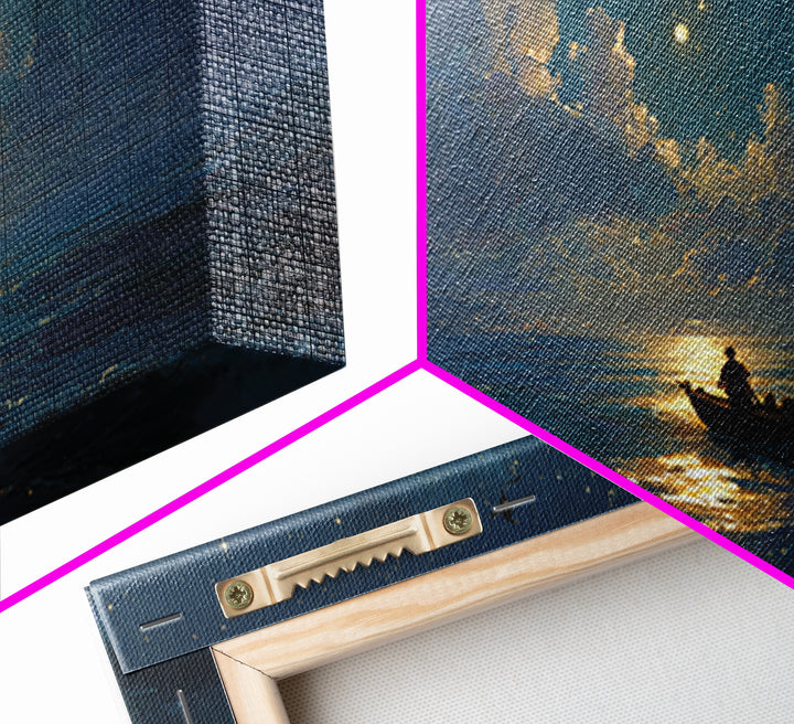 Moonlit Ocean Boat Under Starry Sky Wall Art, Celestial Seascape Canvas Print, Nautical Decor, Romantic Coastal Artwork Gift