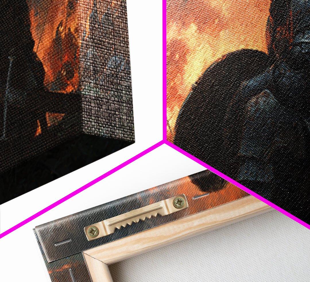 Wounded Medieval Knight On Burning Battlefield Wall Art, Dark Fantasy Warrior Canvas, Gothic Man Cave Decor, Gift For Him
