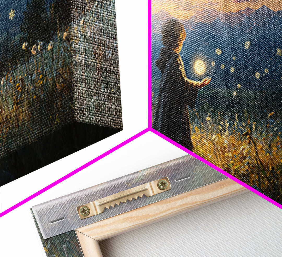 Child With Fireflies In Wildflower Meadow Wall Art, Whimsical Landscape Canvas Print, Nursery Decor, Magical Nature Gift