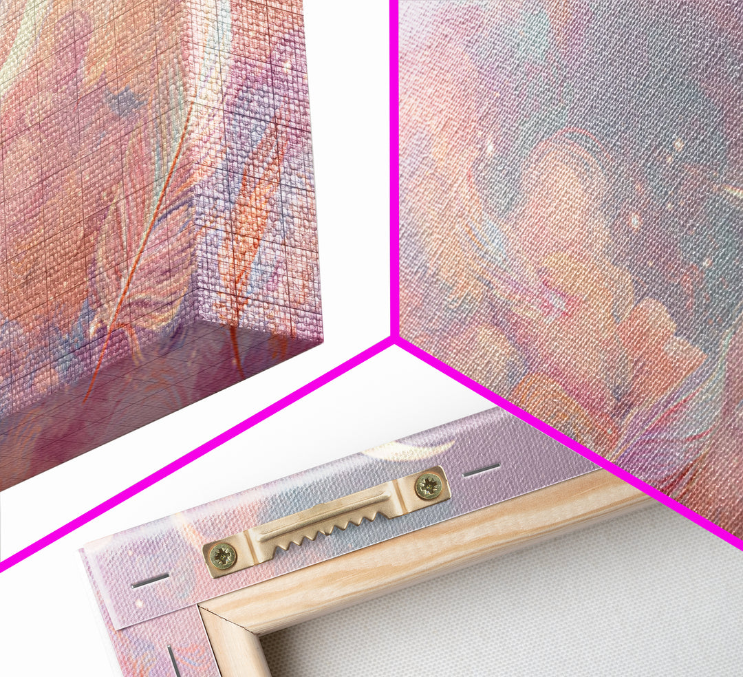 Crescent Moon And Pastel Feather Clouds Canvas Print, Celestial Wall Art, Soft Pink Nursery Decor, Dreamy Bedroom Decor, Gift