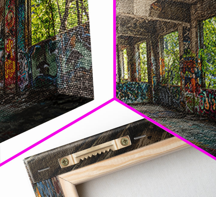 Abandoned Graffiti Warehouse Canvas Print, Urban Decay Wall Art, Industrial Street Art Decor, Edgy Loft Photography Print