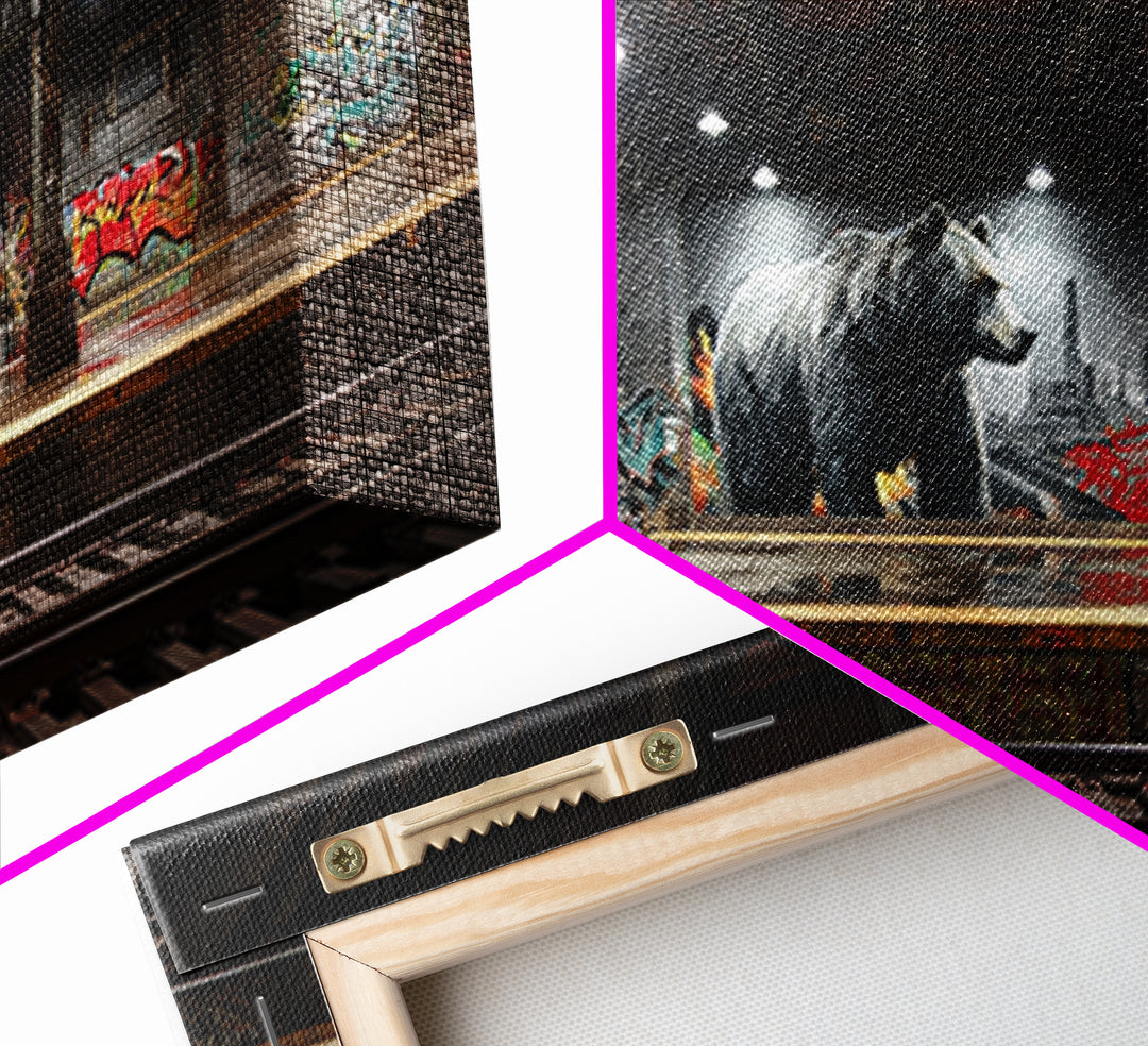 Urban Bear In Graffiti Subway Station Wall Art, Industrial Wildlife Canvas, Modern Street Art Print For Loft And Man Cave Decor
