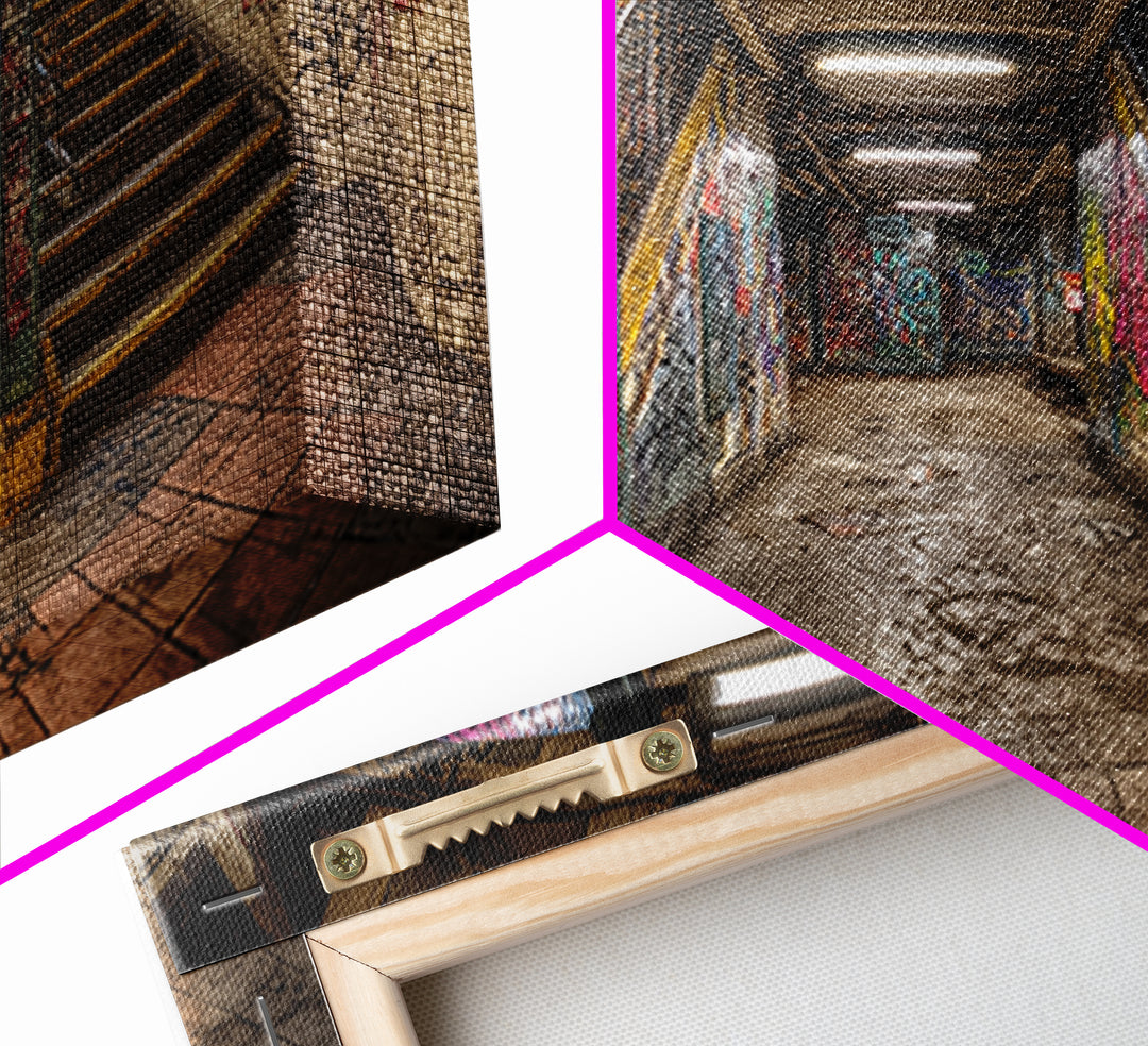 Graffiti Subway Stairwell Framed Canvas Print, Urban Street Art Wall Decor, Gritty Industrial Office Wall Art For Living Room