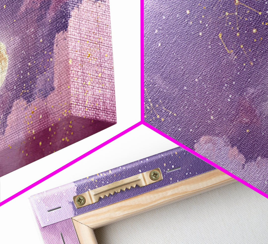 Full Moon Purple Night Sky Wall Art, Gold Constellations And Clouds Canvas Print, Celestial Bedroom Decor Gift, Astrology Wall Decor