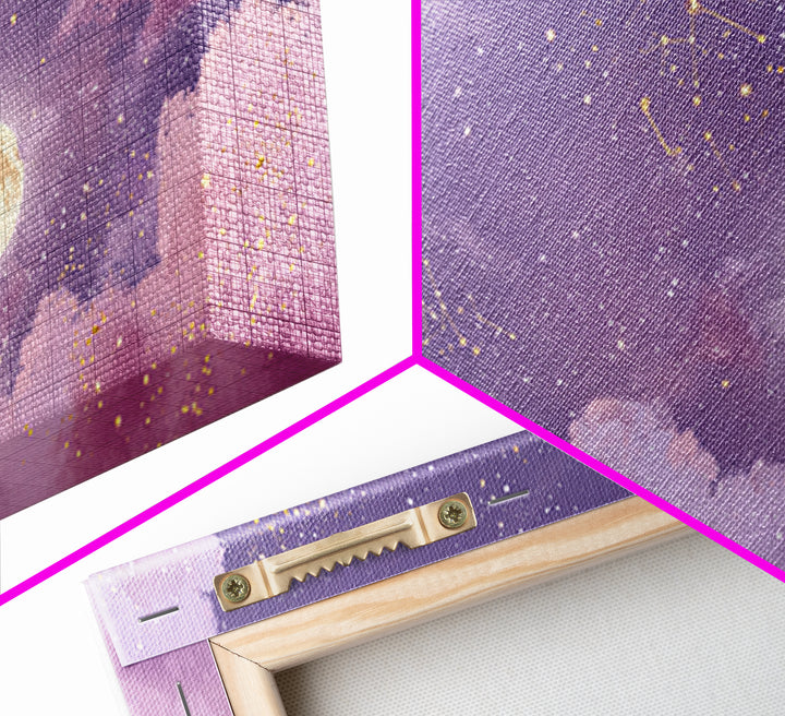 Full Moon Purple Night Sky Wall Art, Gold Constellations And Clouds Canvas Print, Celestial Bedroom Decor Gift, Astrology Wall Decor