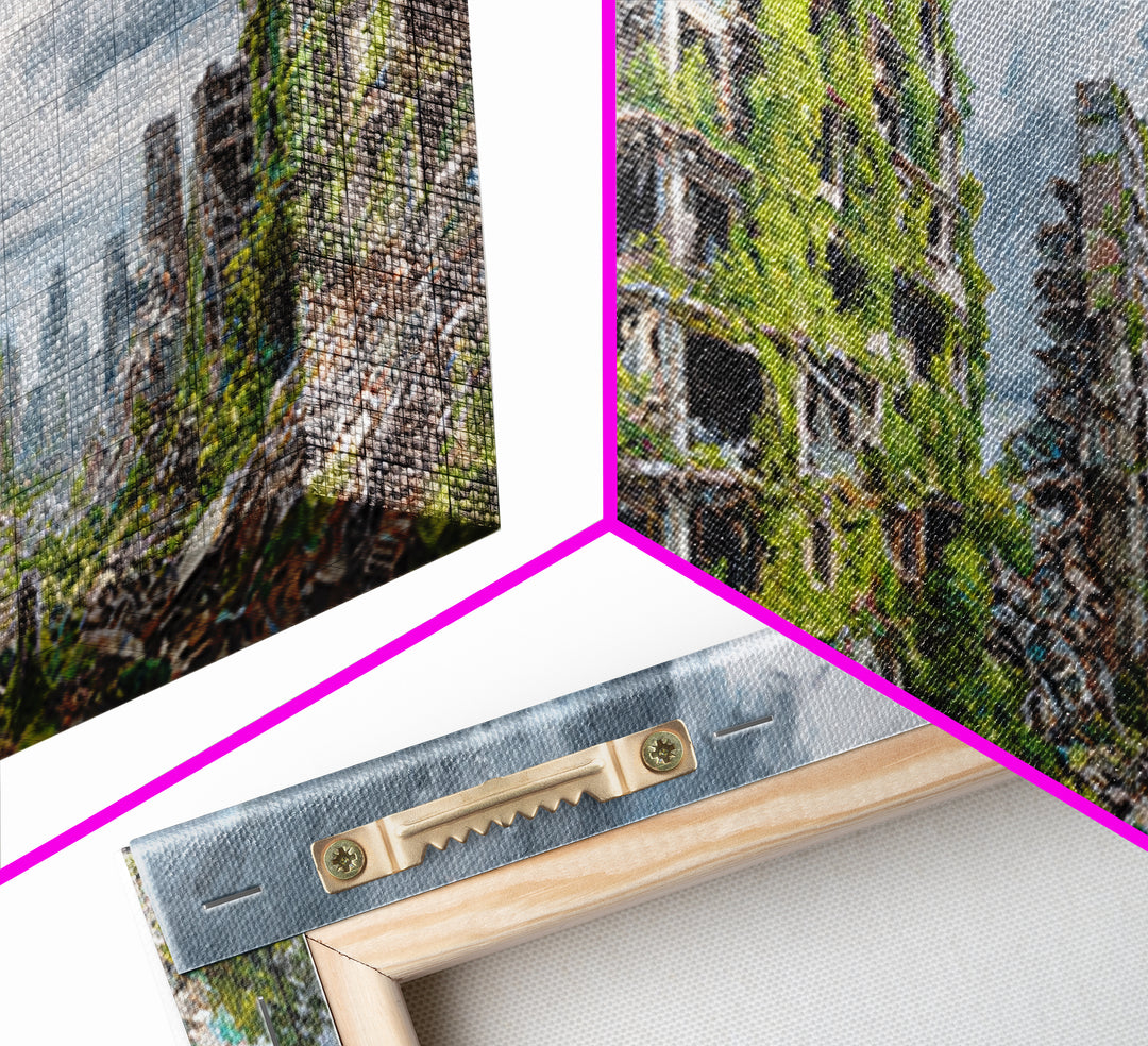 Overgrown Ruined Cityscape Wall Art, Post Apocalyptic Landscape Canvas Print, Urban Nature Decor For Modern Home And Office