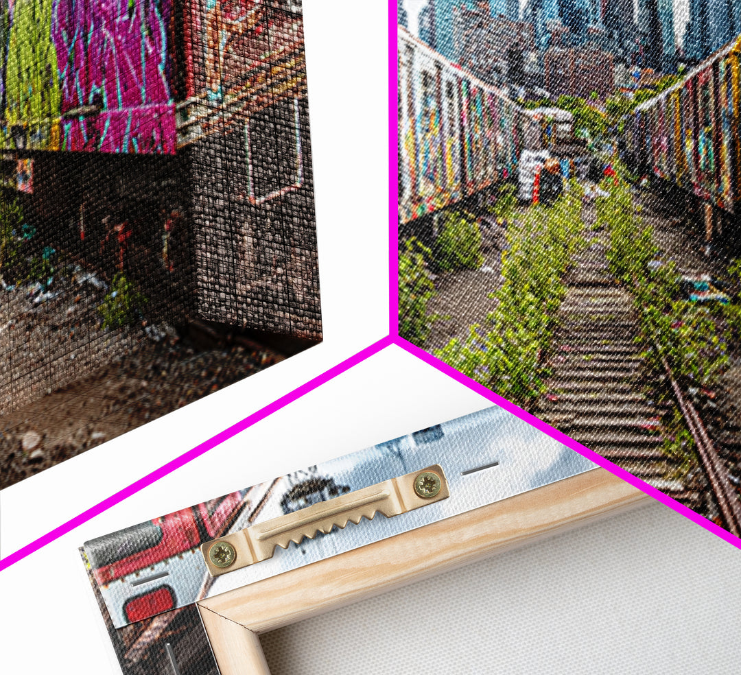 Graffiti Train Yard With City Skyline Wall Art, Urban Street Art Canvas Print, Colorful Industrial Decor, Modern Loft Gift