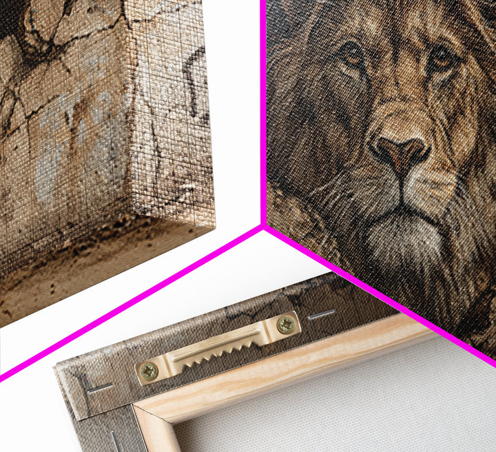 Cracked Wall Lion Mural Wall Art, Wildlife Graffiti Canvas Print, Big Cat Street Art, Urban Decor For Modern Living Room
