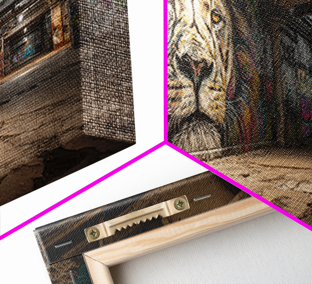 Underground Lion Graffiti Wall Art, Urban Street Art Canvas Print, Industrial Decor, Bold Wildlife Mural For Loft Office