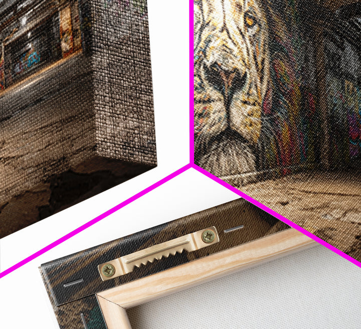 Underground Lion Graffiti Wall Art, Urban Street Art Canvas Print, Industrial Decor, Bold Wildlife Mural For Loft Office