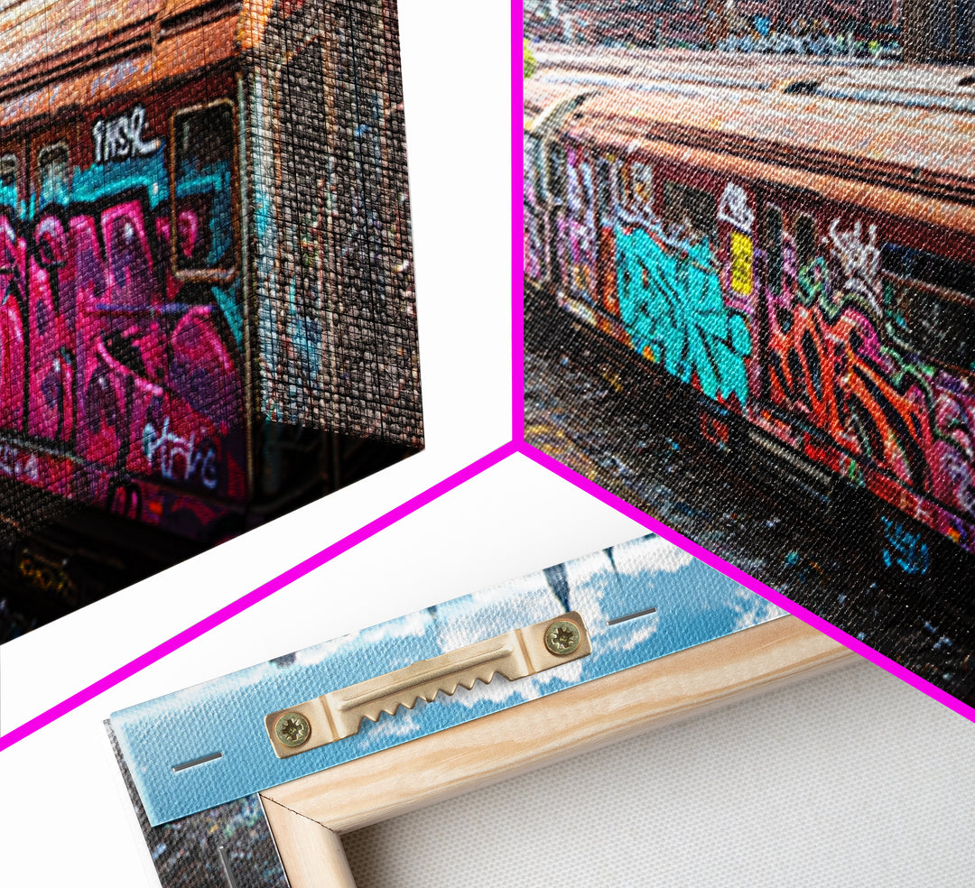 Graffiti Subway Trains With New York Skyline Wall Art, Urban Street Art Canvas Print, NYC Decor, Industrial Office Poster