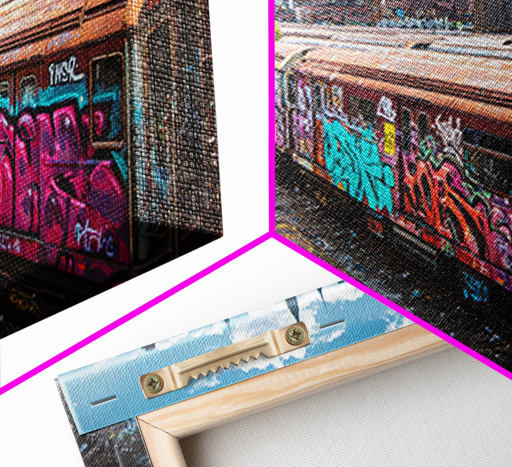 Graffiti Subway Trains With New York Skyline Wall Art, Urban Street Art Canvas Print, NYC Decor, Industrial Office Poster