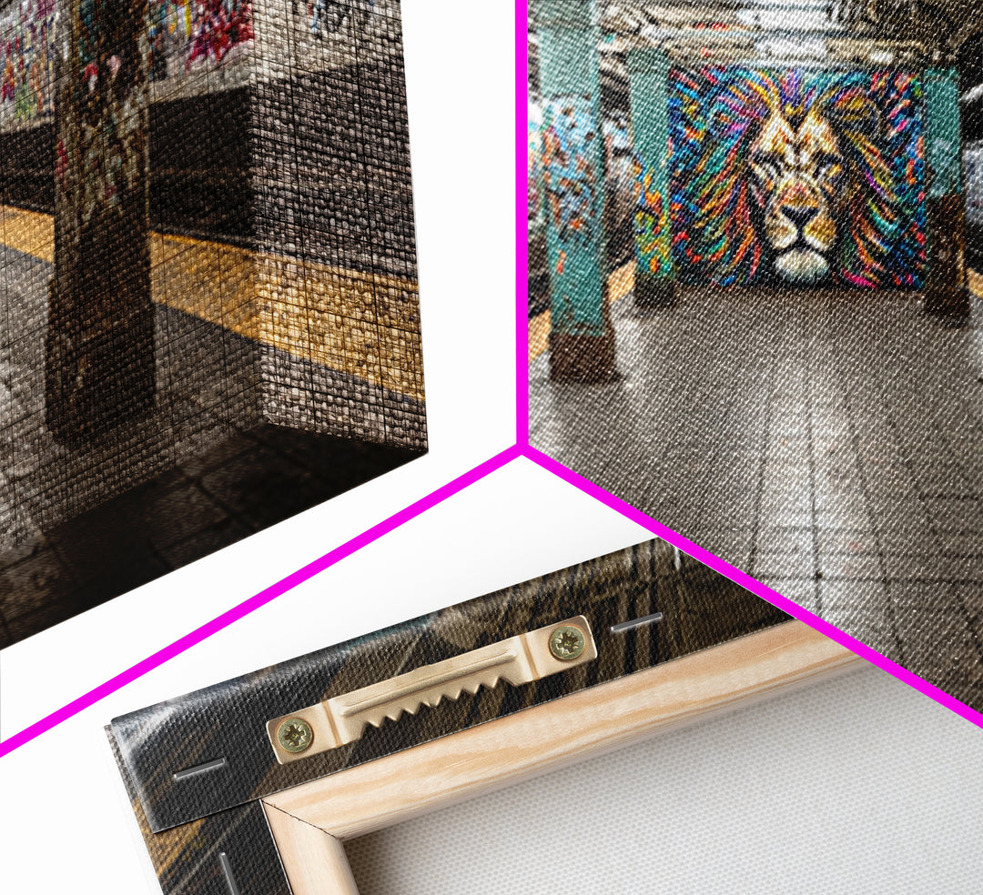 Graffiti Subway Platform With Lion Mural Wall Art, Urban Street Art Canvas Print, Pop Art Decor, Modern Office Wall Decor