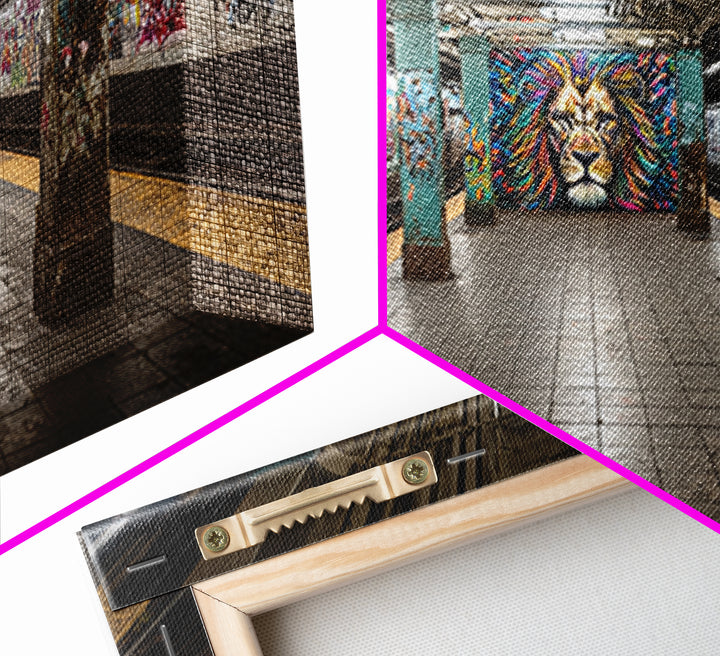 Graffiti Subway Platform With Lion Mural Wall Art, Urban Street Art Canvas Print, Pop Art Decor, Modern Office Wall Decor