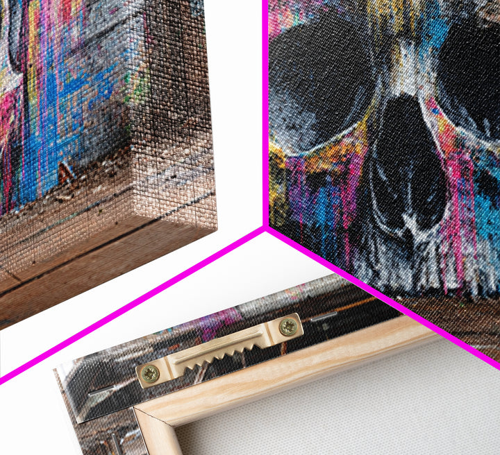 Neon Graffiti Skull Mural In Abandoned Warehouse Wall Art, Street Art Print, Gothic Decor, Edgy Urban Poster, Man Cave Decor