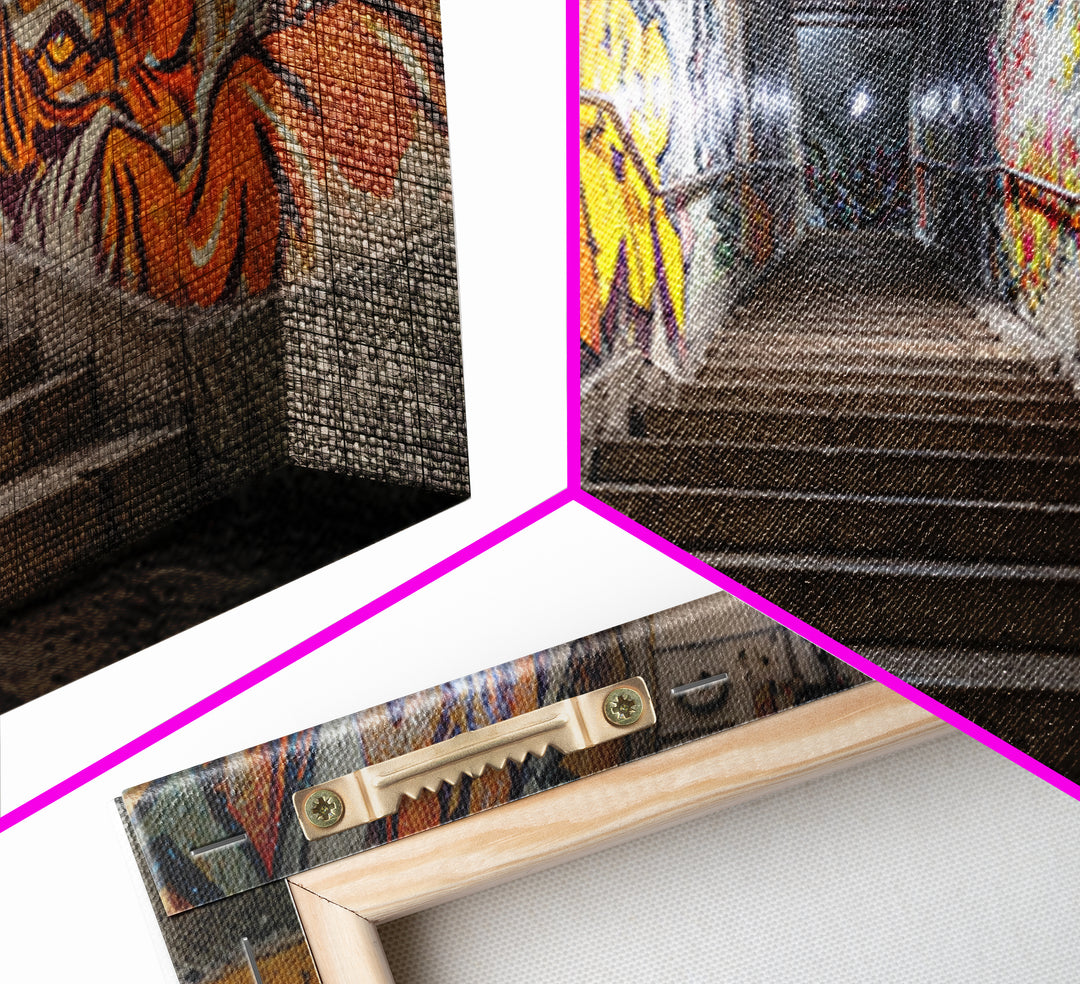 Graffiti Stairway Tunnel Wall Art, Underground Urban Street Art Canvas Print, Gritty Industrial Decor, Colorful Modern Art