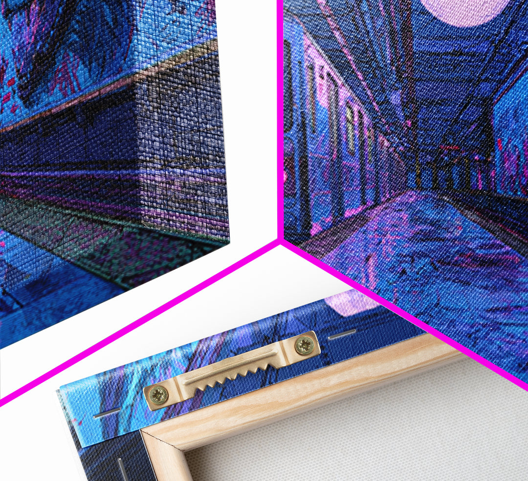 Moonlit Subway Wolf Canvas Print, Cyberpunk Train Station Wall Art, Neon Animal Graffiti Decor, Modern Urban Home Decor For Gamer Room