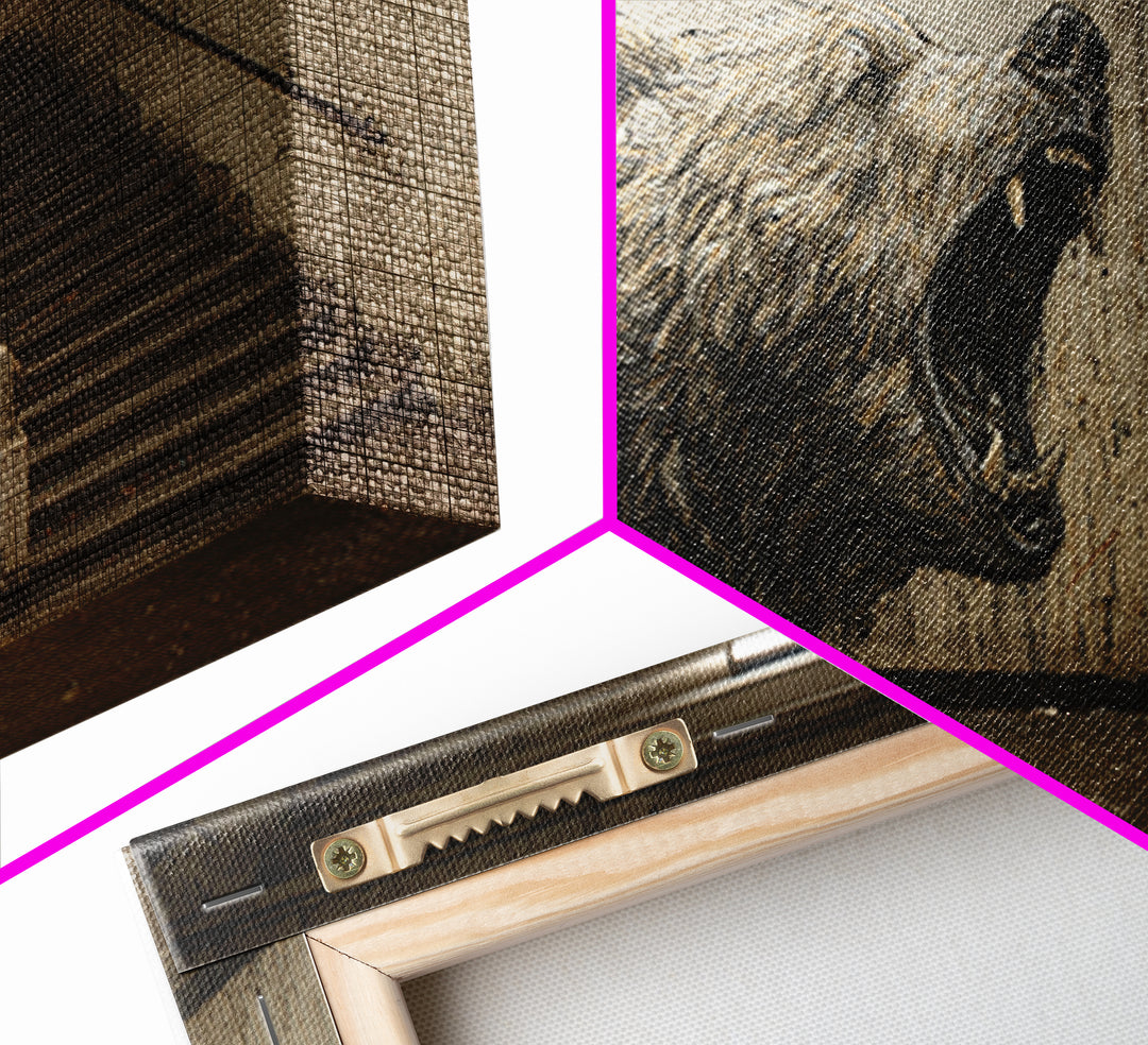 Roaring Bear Urban Subway Wall Art, Black And White Graffiti Canvas Print, Industrial Bathroom Decor, Animal Poster, Gift