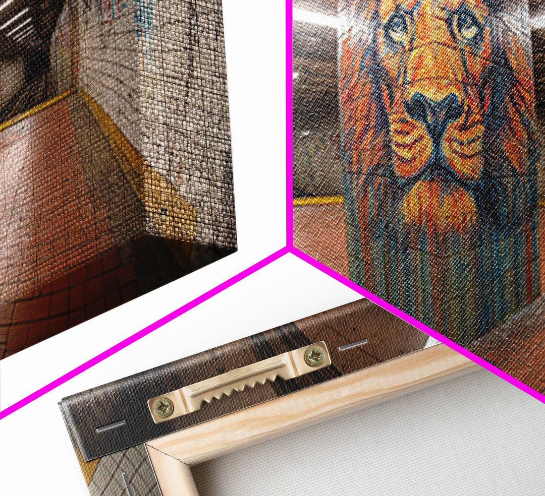 Lion Graffiti Mural In Subway Tunnel Canvas Print, Urban Street Art, Bold Animal Wall Decor, Modern Maximalist Home Decor