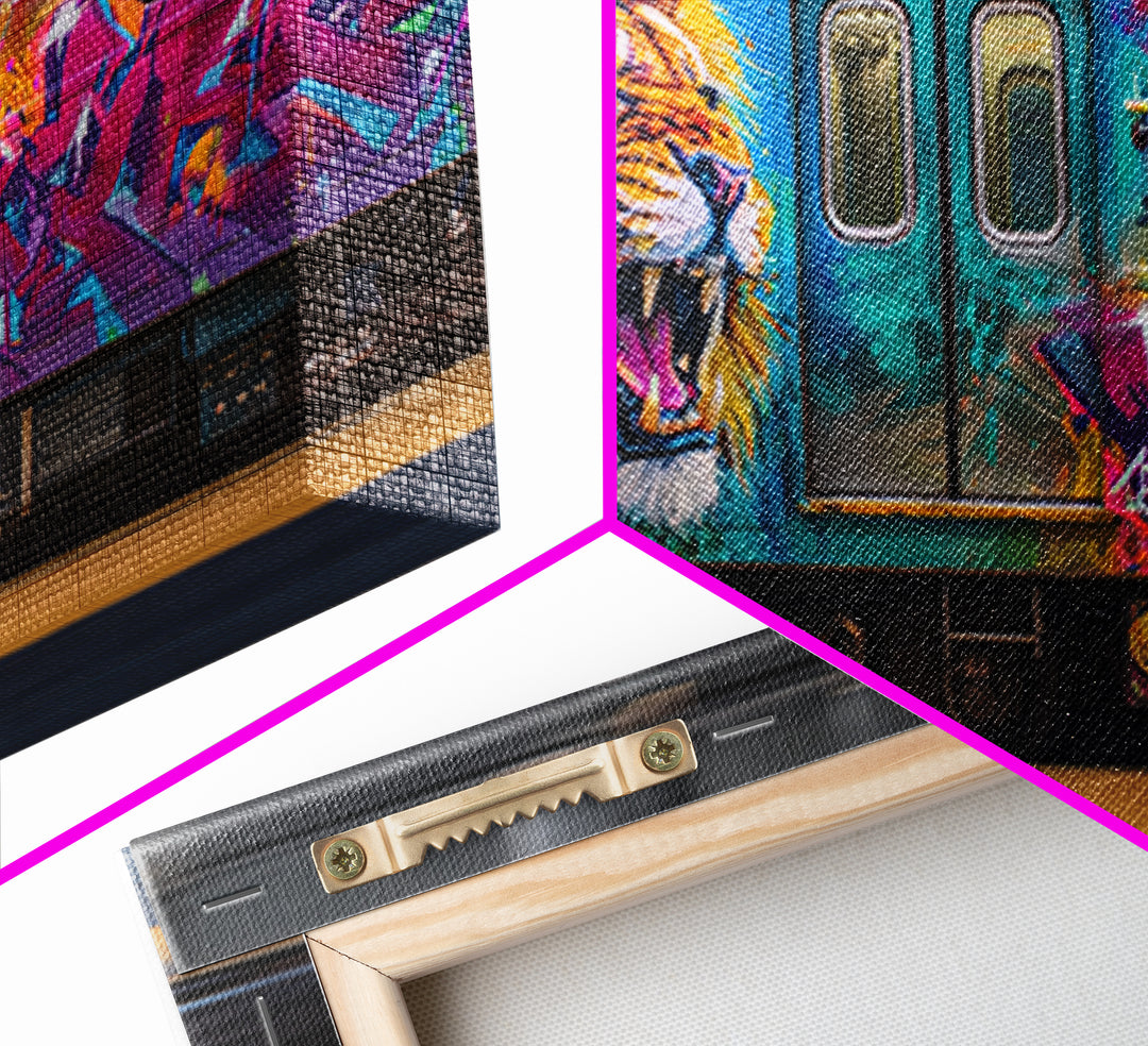 Colorful Lion Graffiti Train Canvas Print, Urban Street Art Wall Art, Dopamine Decor, Bold Pop Art Subway Photography Print