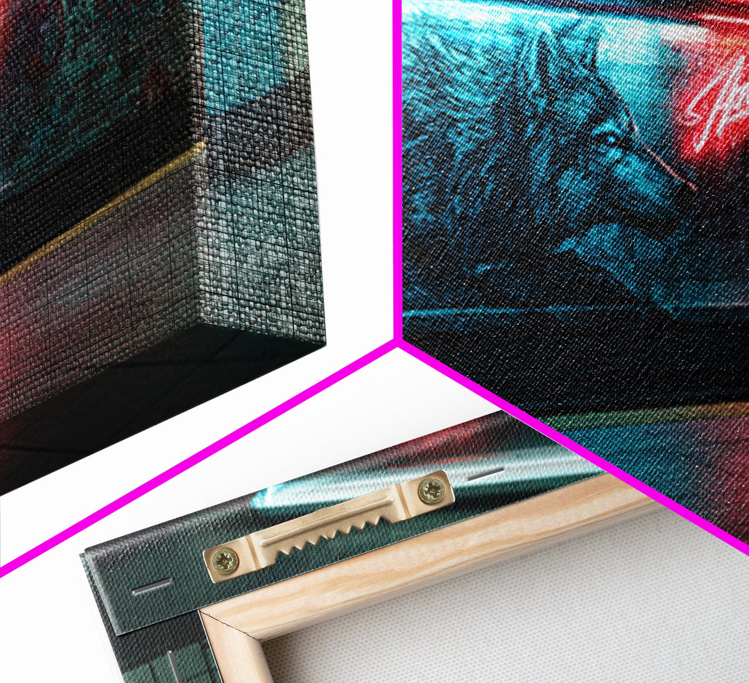 Neon Wolf Mural In Subway Station Wall Art, Urban Animal Street Art Print, Blue Red Graffiti Decor For Modern Loft Home Decor