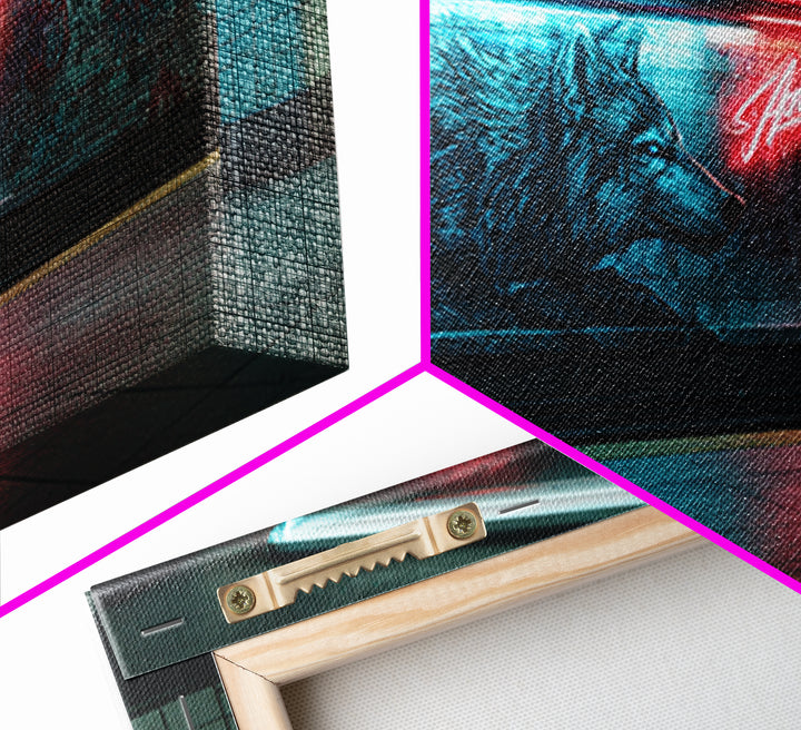 Neon Wolf Mural In Subway Station Wall Art, Urban Animal Street Art Print, Blue Red Graffiti Decor For Modern Loft Home Decor