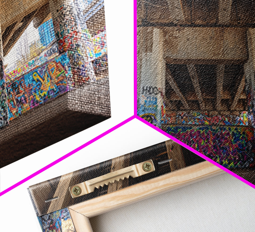Colorful Graffiti Under Urban Bridge Wall Art, Street Art Photography Print, Modern Office Decor, Industrial City Poster