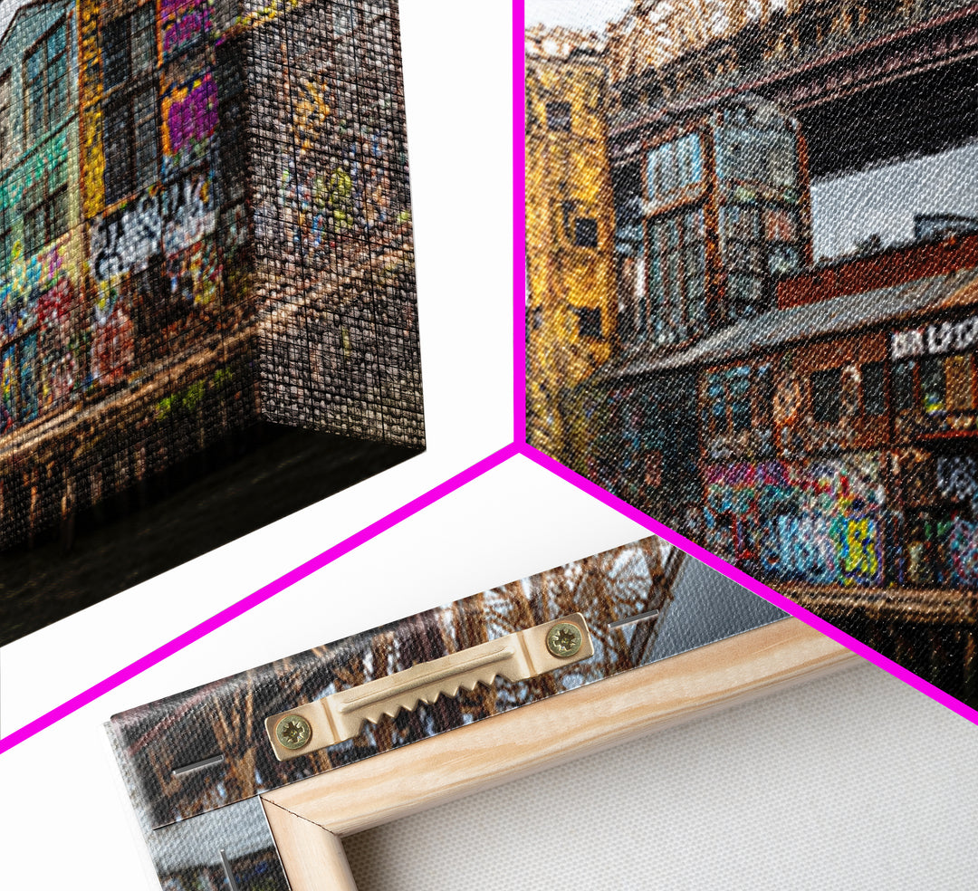 Graffiti Covered City Bridge Waterfront Framed Canvas Print, Urban Wall Art, NYC Art Print, Industrial Office Decor, Travel Poster