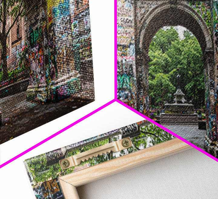 Graffiti Covered Stone Arch Wall Art, Urban Park Framed Canvas Print, NYC Street Art, Eclectic Apartment Decor Gift For Him
