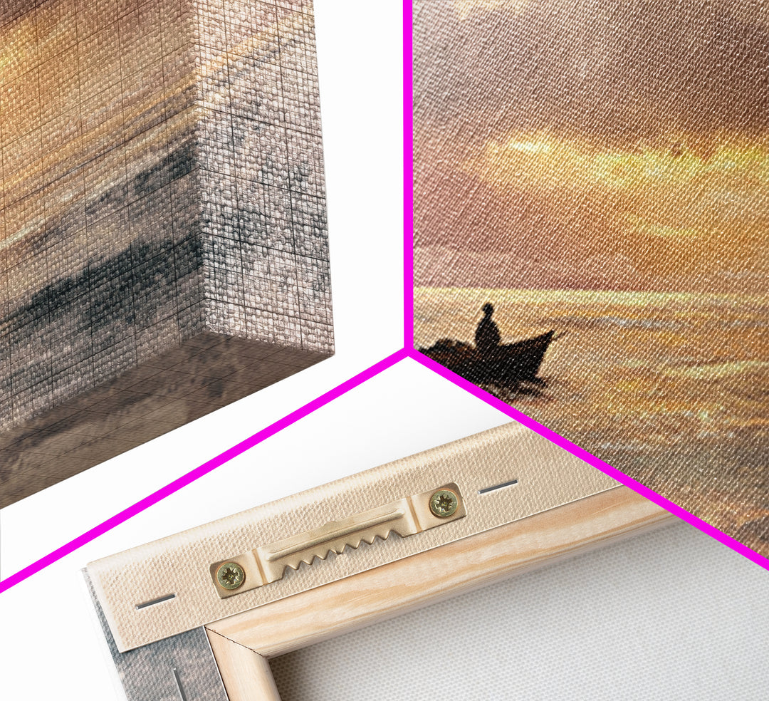 Solitary Fishing Boat At Golden Sunrise Canvas Print, Coastal Wall Art, Ocean Painting, Seascape Decor, Living Room Art Gift