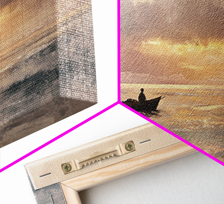 Solitary Fishing Boat At Golden Sunrise Canvas Print, Coastal Wall Art, Ocean Painting, Seascape Decor, Living Room Art Gift