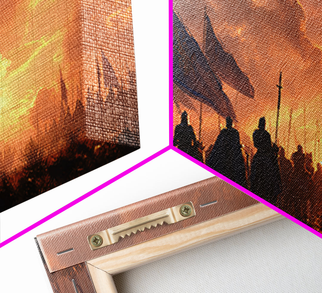 Medieval Cavalry At Fiery Sunset Wall Art, Epic Fantasy Battle Canvas Print, Knight Army Landscape Art, Gift For Him, Man Cave Decor