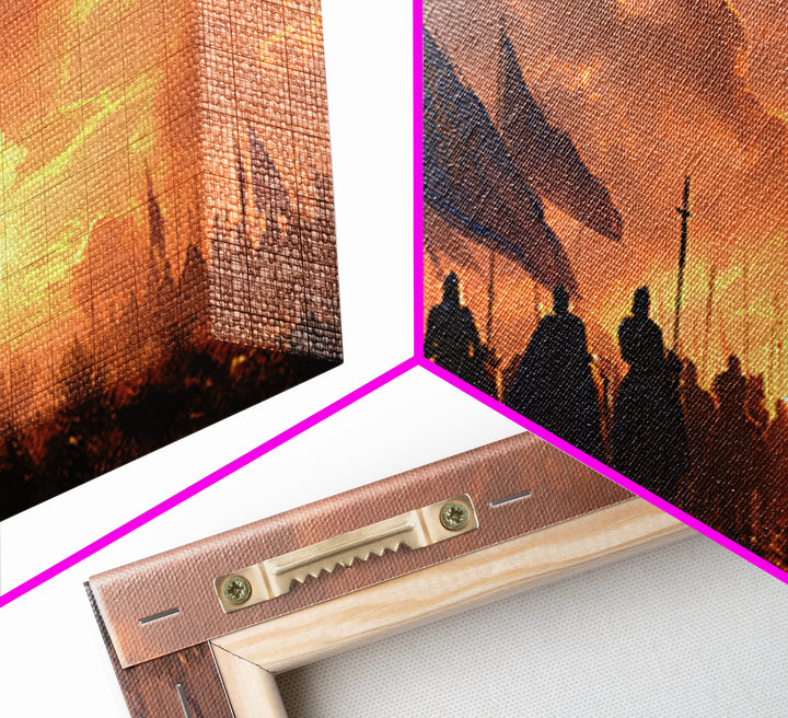 Medieval Cavalry At Fiery Sunset Wall Art, Epic Fantasy Battle Canvas Print, Knight Army Landscape Art, Gift For Him, Man Cave Decor
