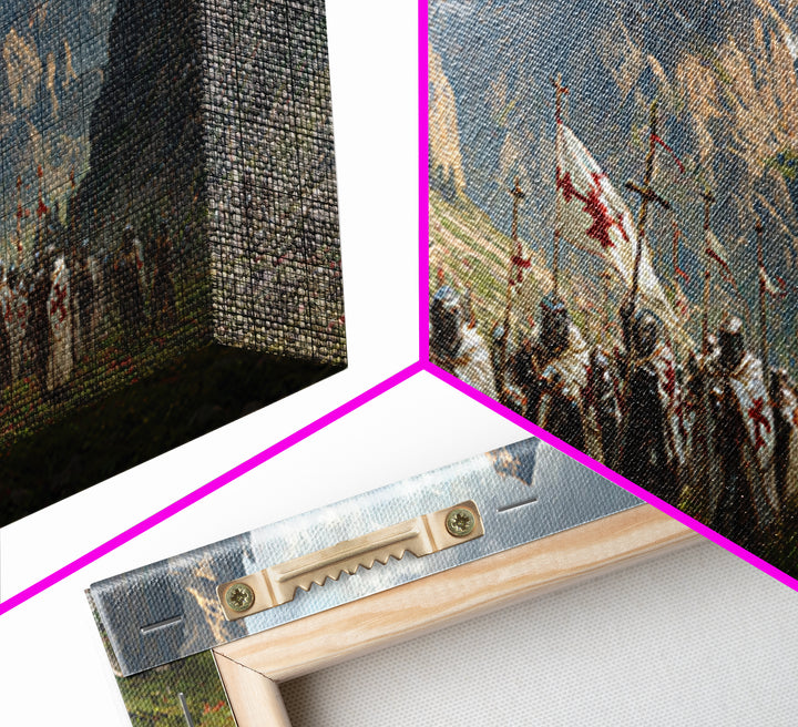 Knights In Mountain Valley Wall Art, Medieval Crusader Canvas Print, Epic Fantasy Battle Decor, Historical Artwork Gift For Him