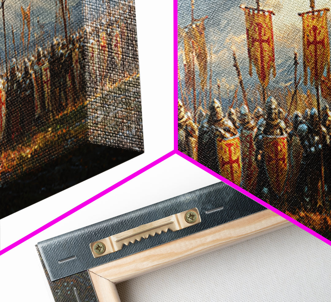 Medieval Knights Army With Red Banners Framed Canvas Print, Crusader Battle Wall Art, Historical Fantasy Decor Gift For Him