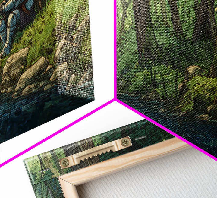 Pixel Knight Resting By Forest Stream Wall Art, Fantasy Canvas Print, Woodland Landscape, Kids Room Decor Gamer Gift For Him