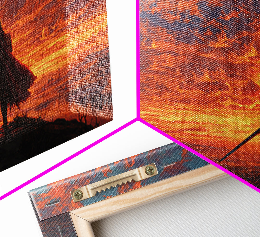 Lone Warrior Over Fiery Battlefield Canvas Print, Fantasy Wall Art, Epic Landscape Art, Medieval Decor, Dramatic Gift For Him
