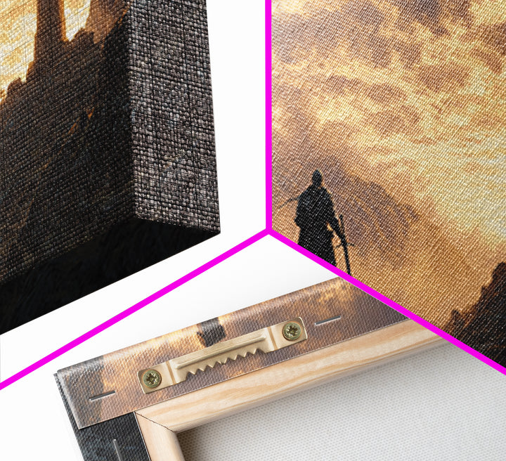 Knight At Mountain Cross Wall Art, Christian Fantasy Canvas Print, Medieval Warrior Decor, Inspirational Religious Art Print