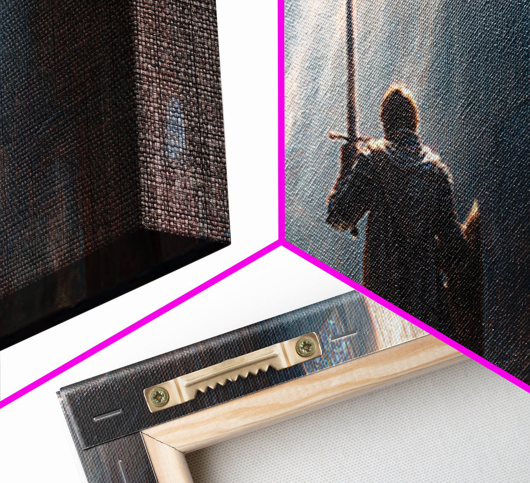 Knight In Sunlit Gothic Cathedral Framed Canvas Print, Fantasy Wall Art, Medieval Decor, Christian Artwork, Gift For Him