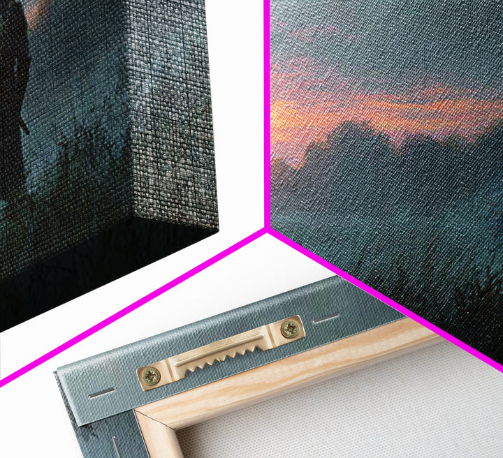 Lone Warrior At Misty Sunrise Wall Art, Medieval Fantasy Canvas Print, Moody Landscape Decor, Dark Academia Gift For Him