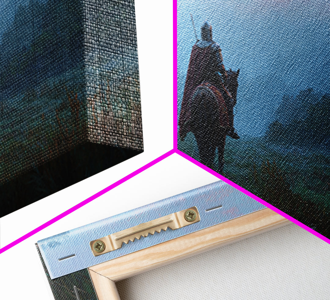 Lone Rider In Misty Forest Canvas Print, Moody Landscape Wall Art, Medieval Horseman Decor, Fantasy Adventure Gift For Him