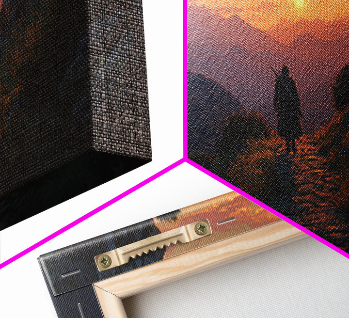 Lone Traveler Mountain Sunset Wall Art, Fantasy Landscape Canvas Print, Above Bed Decor, Adventure Gift, Nature Wall Decor