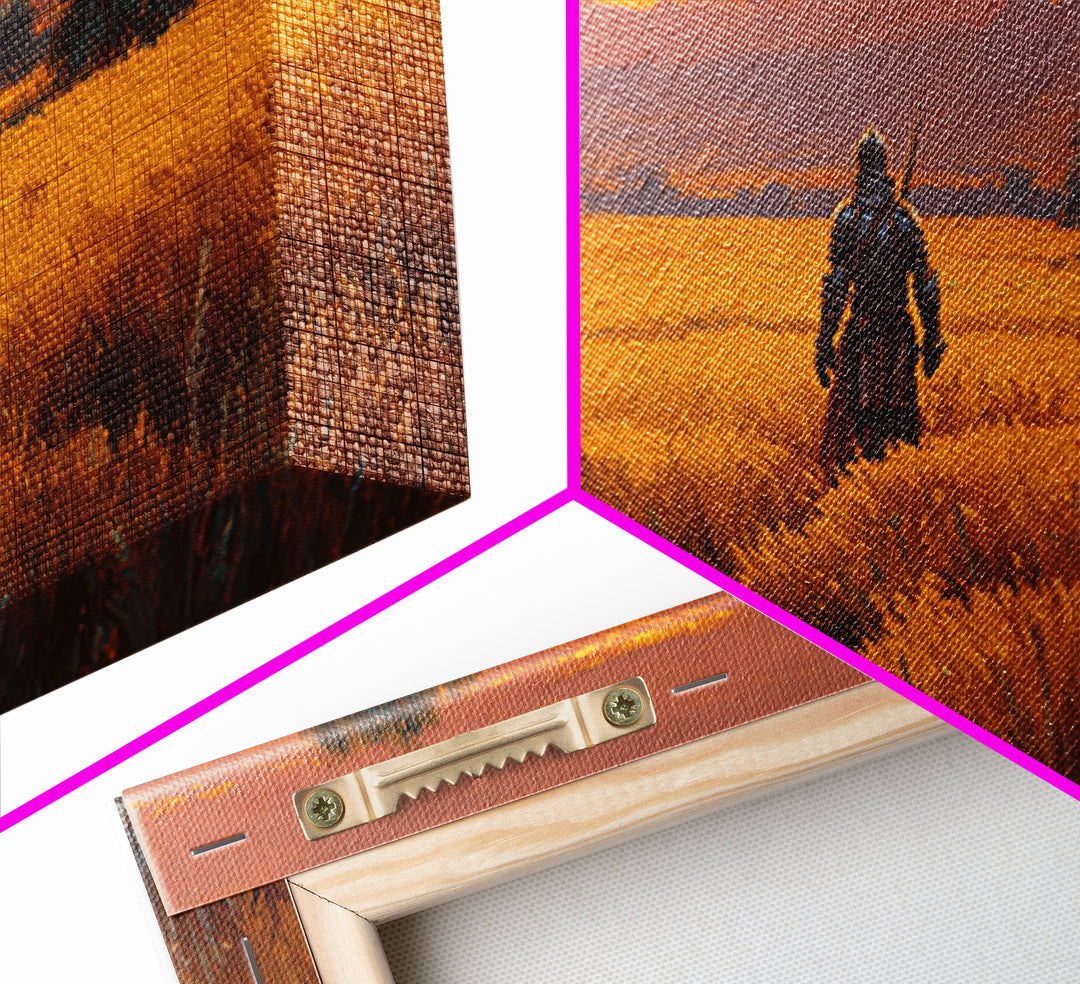 Armored Warrior In Golden Field Wall Art, Fantasy Landscape Print, Sunset Adventure Decor, Medieval Knight Gift For Him Art