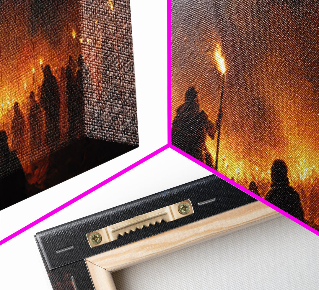 Torchlit Gathering In Smoky Night Wall Art, Dark Fantasy Painting Print, Moody Medieval Decor, Dramatic Statement Art For Gothic Home
