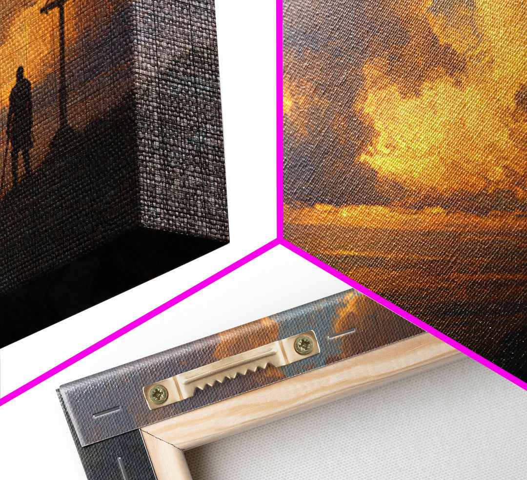 Lone Knight Sunset Wall Art, Medieval Fantasy Landscape Canvas Print, Christian Cross Decor, Masculine Office Art Gift For Him