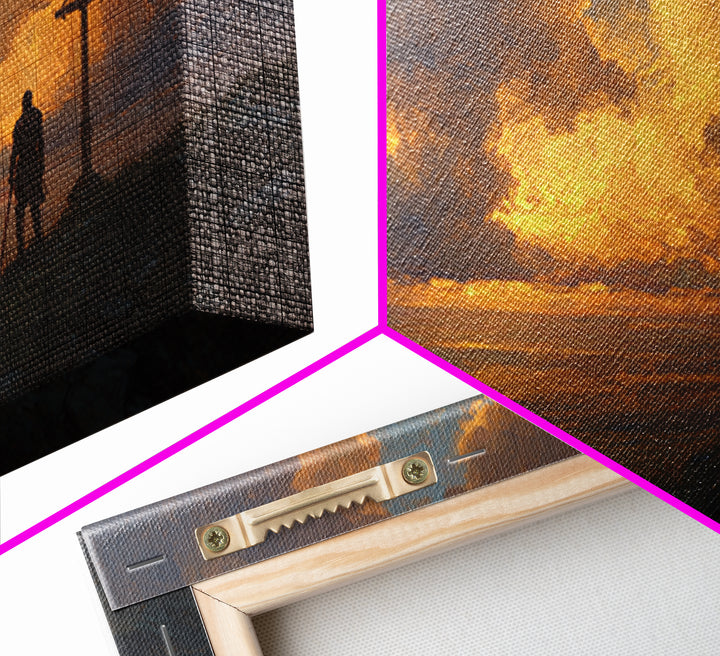 Lone Knight Sunset Wall Art, Medieval Fantasy Landscape Canvas Print, Christian Cross Decor, Masculine Office Art Gift For Him
